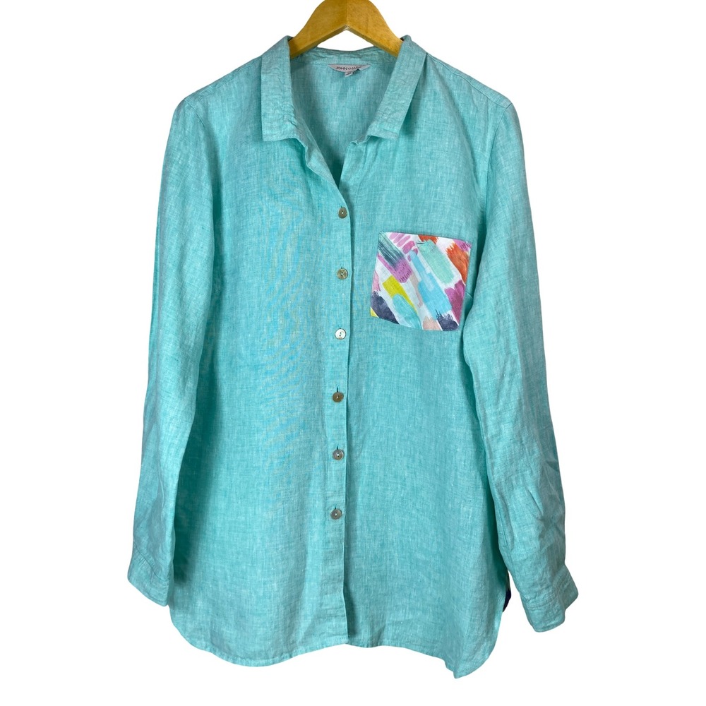 John Mark Womens XL Turquoise Linen Button Down Top Shirt Coastal Resort Vacay